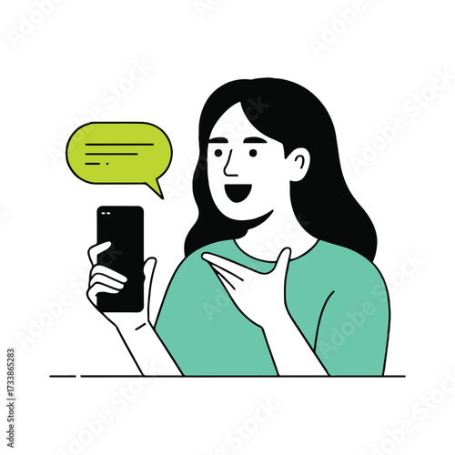 Vector art of a cheerful woman with black hair is holding a smartphone and pointing to a speech bubble, she is smiling and wearing a green shirt