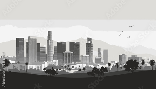 Minimal grayscale Los Angeles skyline illustration