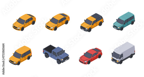 Isometric vehicles collection: diverse cars and trucks in yellow, red, blue, green