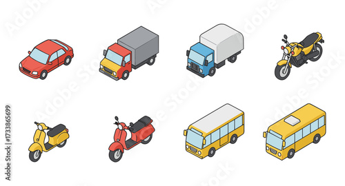 Isometric vehicles: cars, trucks, scooters, motorcycles, buses