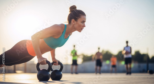 Athletic woman doing a strength training workout with kettlebells outdoors. Fit person performing push-ups at sunrise with copy space