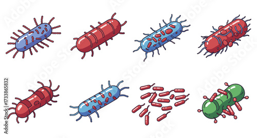 Colorful cartoon bacteria set in various shapes and styles on white background
