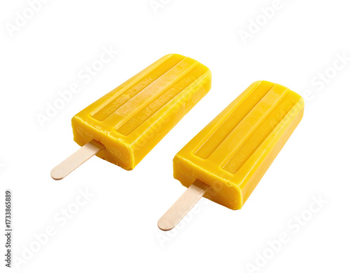 Two vibrant yellow frozen treats on wooden sticks against a stark black background