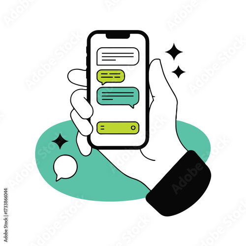 Vector art of a hand holding a smartphone displaying a chat interface, symbolizing digital communication and messaging