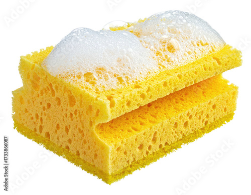 Yellow cleaning tool with thick foam atop. Stacked, porous, and perfect for washing