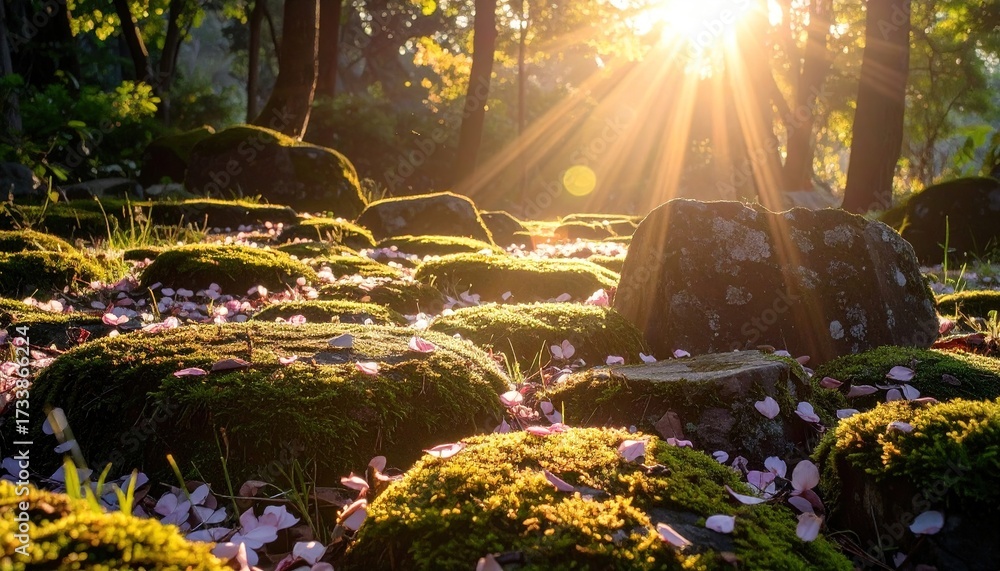Naklejka premium Sunlight streams through a tranquil park path covered in moss, rocks, and scattered cherry blossoms.