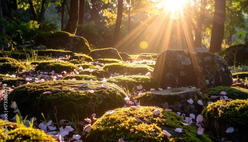Sunlight streams through a tranquil park path covered in moss, rocks, and scattered cherry blossoms.