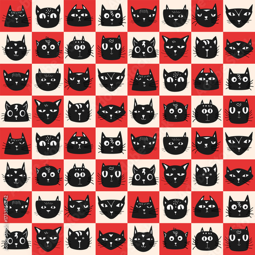 funny cute black cats avatars in beige and red checkerboard seamless pattern, vector illustration repeat design print