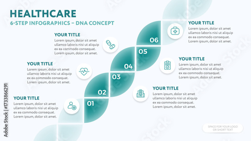 Medical infographics template with DNA concept - linear 6 step illustration for business presentation slide with healthcare icons in flat style