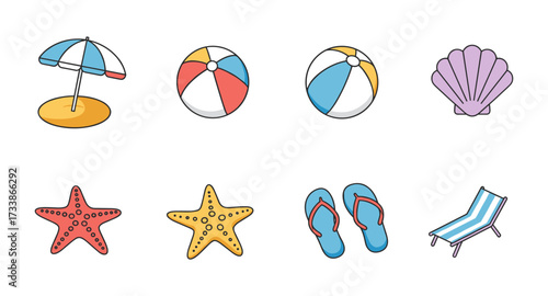 Colorful summer beach icons: umbrella, ball, shell, starfish, flip-flops, chair