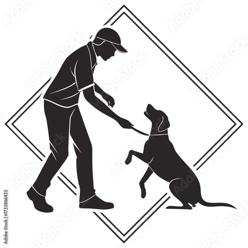 Man training dog with leash vector silhouette dog training