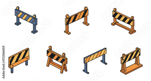Isometric set of construction barriers with bold orange and black stripes