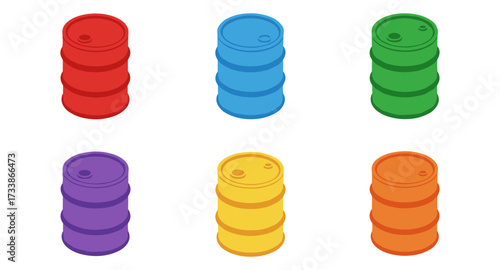 Colorful cylindrical oil barrels in isometric view on white background
