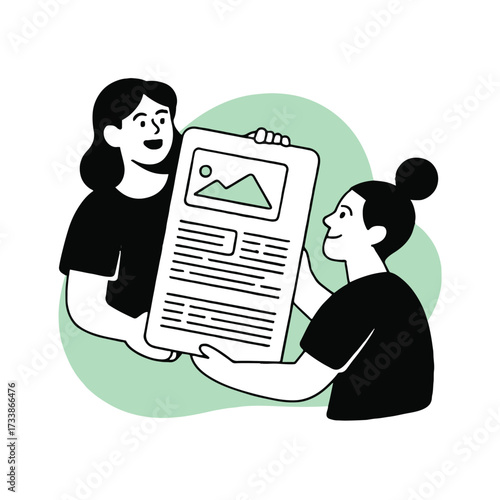 Vector art of two women are holding a large document with a picture and text on it they are collaborating on a project