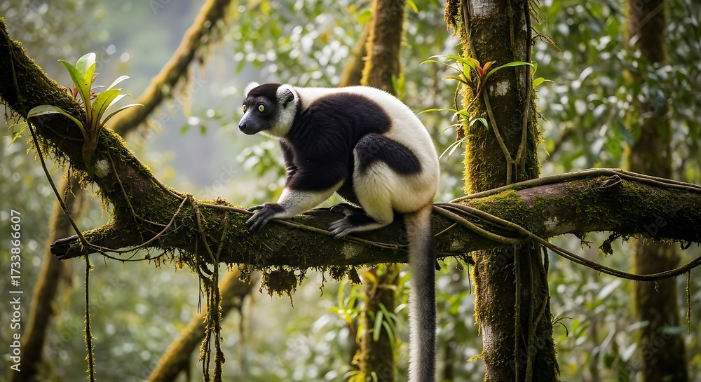 Fototapeta premium Black and White Lemur in Rainforest.