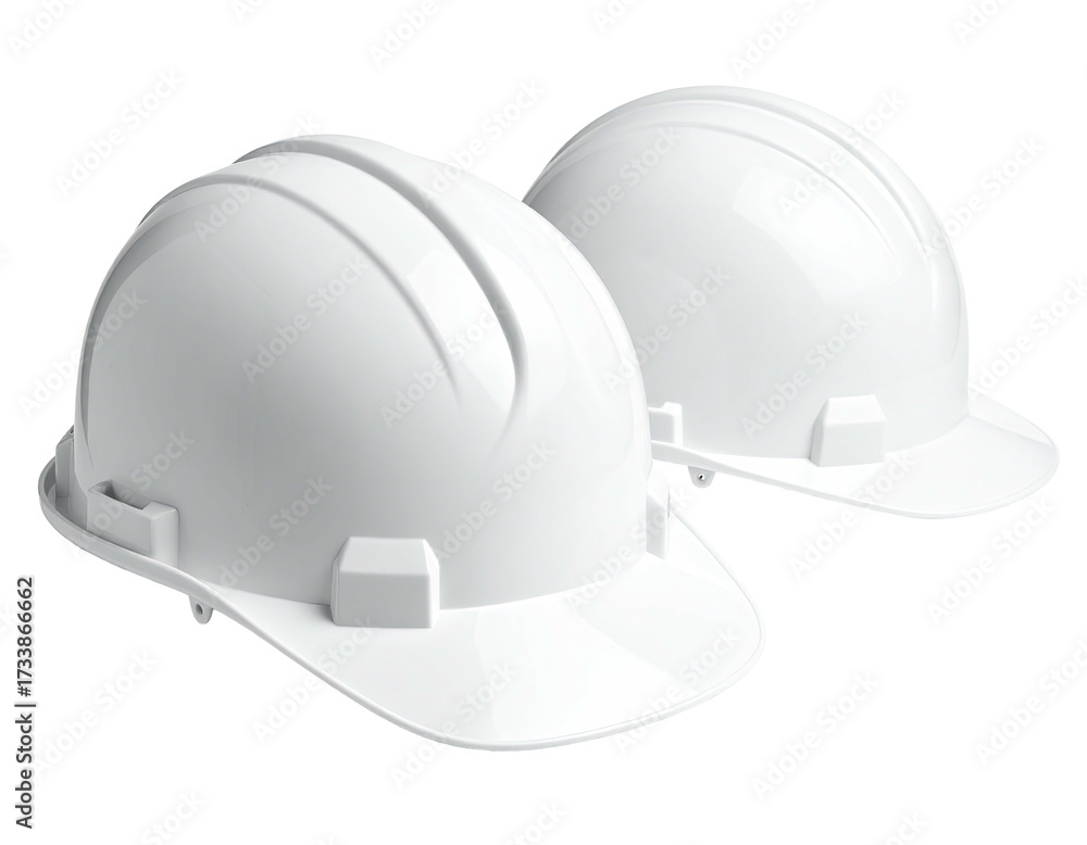 Fototapeta premium Two pristine white protective hard hats, isolated on a transparent background