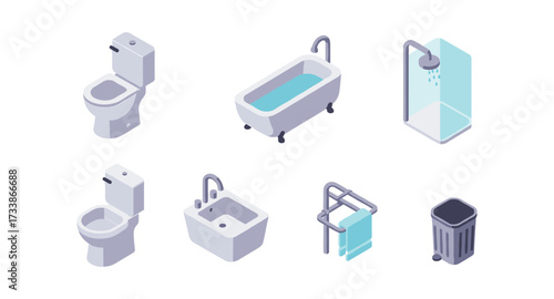 Isometric bathroom fixtures set: toilet, bathtub, shower, sink, towel rack, trash bin
