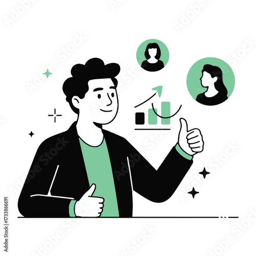 Vector art of a man is giving a thumbs up with a graph and people icons in the background he is happy with the results