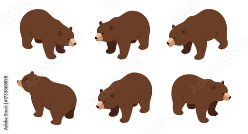 Set of six brown bear poses in flat cartoon style on white background