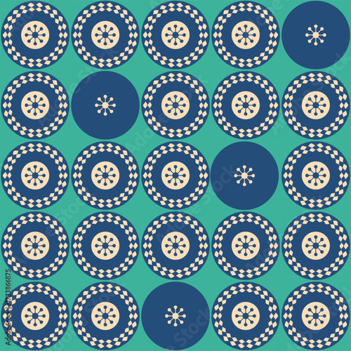 Abstract retro futuristic vintage geometric atomic age mid mod mid century circles seamless pattern, vector illustration repeat design print in aqua teal and dusty blue
