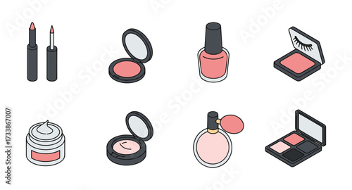 Isometric makeup essentials: lipstick, blush, nail polish, eye shadow, cream, perfume, palette