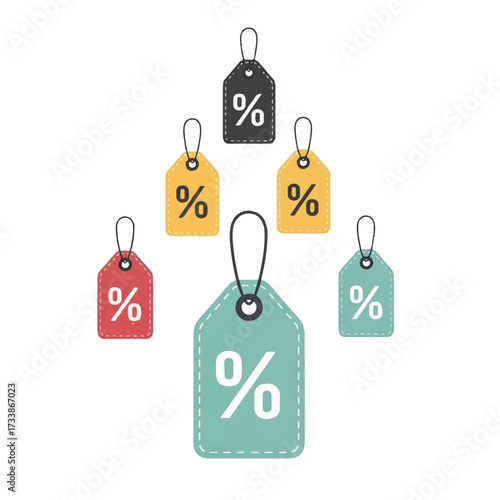 Colorful sale tags floating against white backdrop represent discounts and promotions during a retail event, showcasing savings and offers.