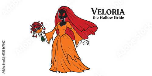 A stylized illustration of Veloria, the Hollow Bride, wearing a flowing orange gown and a vibrant red veil, holding a bouquet of red flowers.