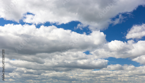 White clouds on a summer blue sky for background or wallpaper design. Majestic cumulus clouds float across the endless sky, their graceful forms painting a mesmerizing canvas of beauty and grandeur.