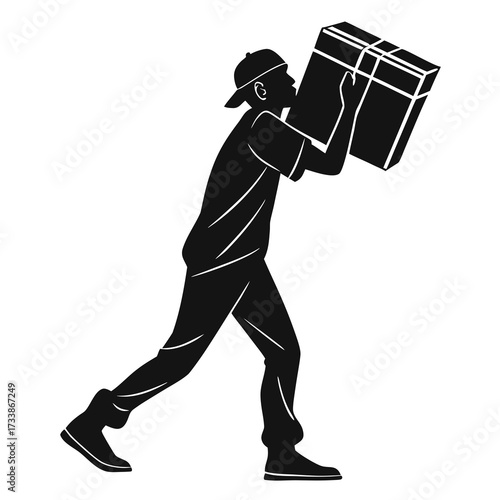 Man wearing baseball cap carrying large gift box present