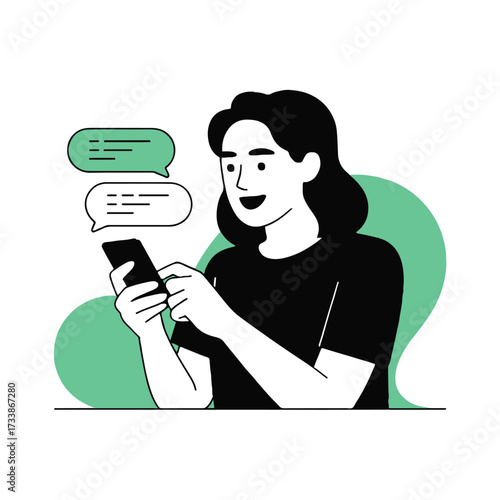 Vector art of a woman is using a smartphone to send messages, shes smiling, indicating happiness with communication technology