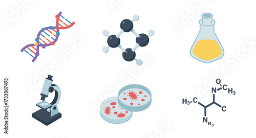 Scientific symbols and tools set featuring dna, molecule, and lab equipment