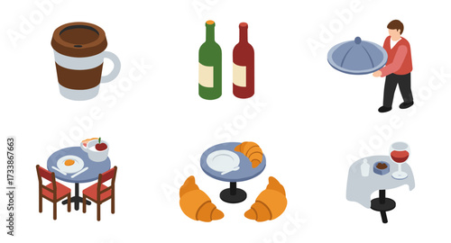 Isometric dining set: food, drinks, and service elements for restaurants and cafes
