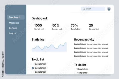 Modern minimal dashboard user interface with sidebar navigation, statistics graph, to-do list, and recent activity section.