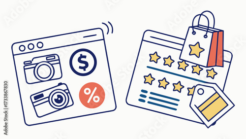 Online shopping icons with cameras and shopping bags