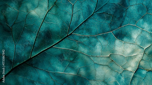 Teal leaf detail shows intricate vein pattern and texture up close, vivid color