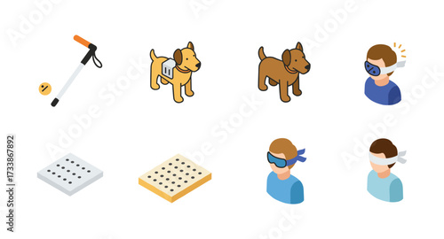 Assistive technology icons: guide dog, white cane, braille, vr accessibility, and blindfold