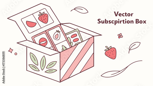 Open subscription box with strawberries and leaves
