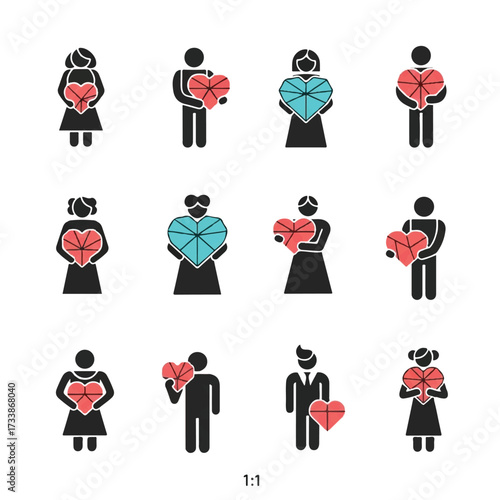 Stick figures holding heart shapes representing love and relationships on white, conveying affection and connection.
