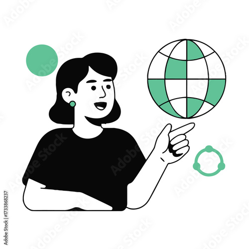 Vector art of a woman pointing at a globe, representing global communication and connection, the illustration is simple and modern, with a clean design