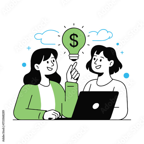 Vector art of two women collaborating on a business idea, represented by a lightbulb with a dollar sign, the illustration is simple and modern