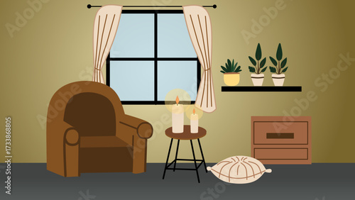 A flat-style illustration depicting a cozy living room interior with an armchair, a window with curtains, a side table with candles and some plants