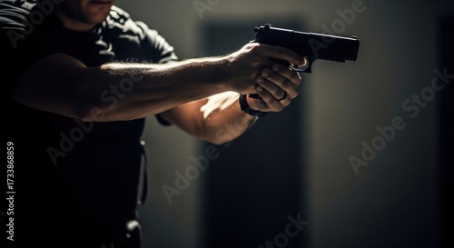 Man holding handgun aiming weapon. Self defense concept. Firearm training for protection and security. Gun safety and professional use.