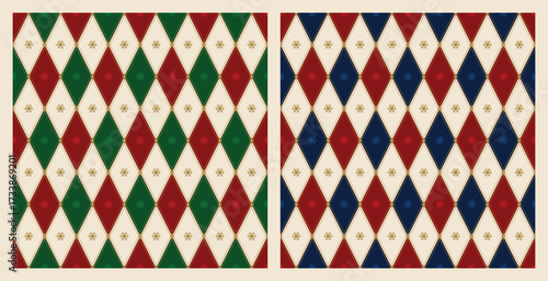 Vector Set of Christmas Argyle Seamless Patterns with Snowflakes. Geometric Diamond Holiday Backgrounds