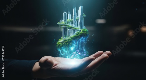 Man holding a futuristic green city on his hand. Concept of sustainable urban development, eco friendly architecture, future of smart city.