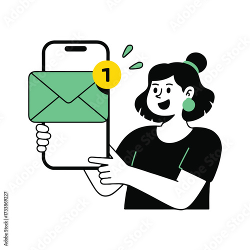 Vector art of excited woman receives a new message on her smartphone, she is happy to see the notification and checks her inbox for updates