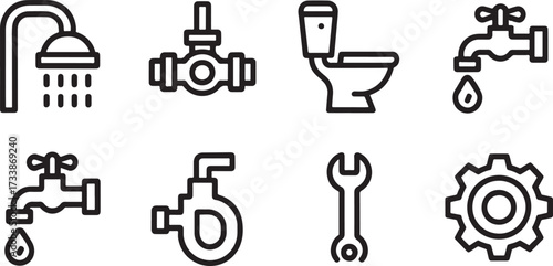 Black and white plumbing icons set with showerhead, toilet, faucet, wrench, valve and gear in minimalist line style.