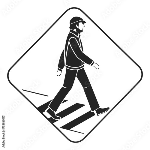 Pedestrian crossing sign with man walking crosswalk