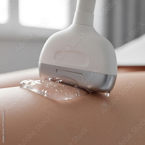 Medical ultrasound probe applying gel to human skin for diagnostic imaging procedure close-up