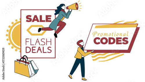 People announcing sale and promotional codes with shopping bags