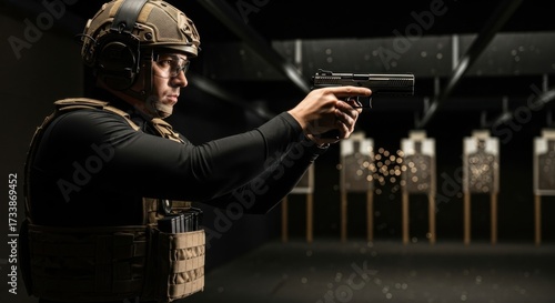 Man practicing with pistol at shooting range. Shooter aiming firearm. Self defense training with weapon. Tactical sport concept.